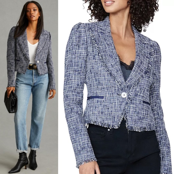 Anthropologie Paige Women’s Blue Tweed Linen Blend Puff Sleeve Blazer - Picture 1 of 13